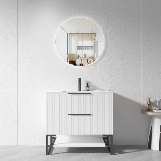 3D-2W 900x450x850mm White Floor Standing Plywood Vanity with Stainless Black Frame Leg And Shelf